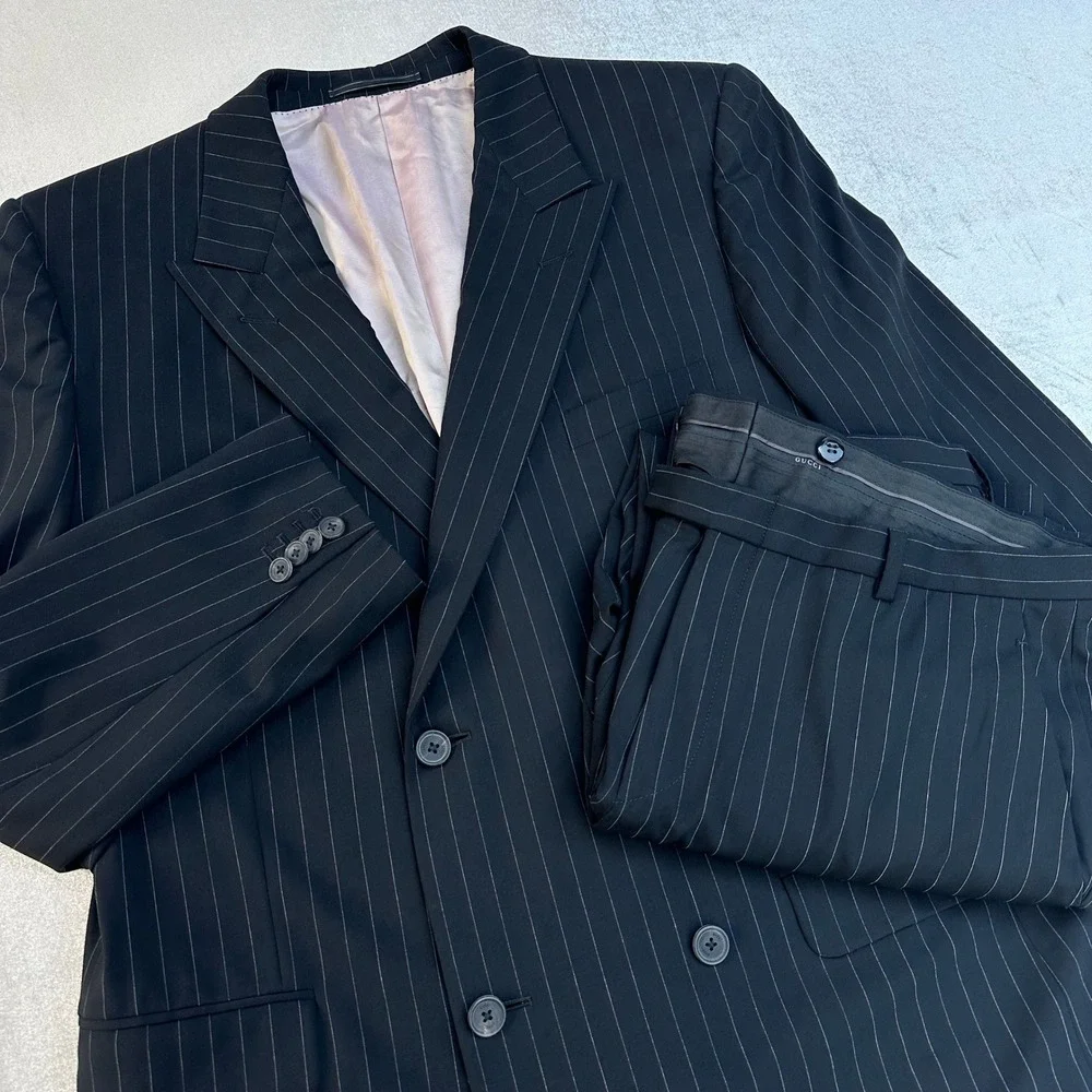 Gucci Men's Pinstripe Double Breasted Suit Black Wool Blend Jacket Pants 52R